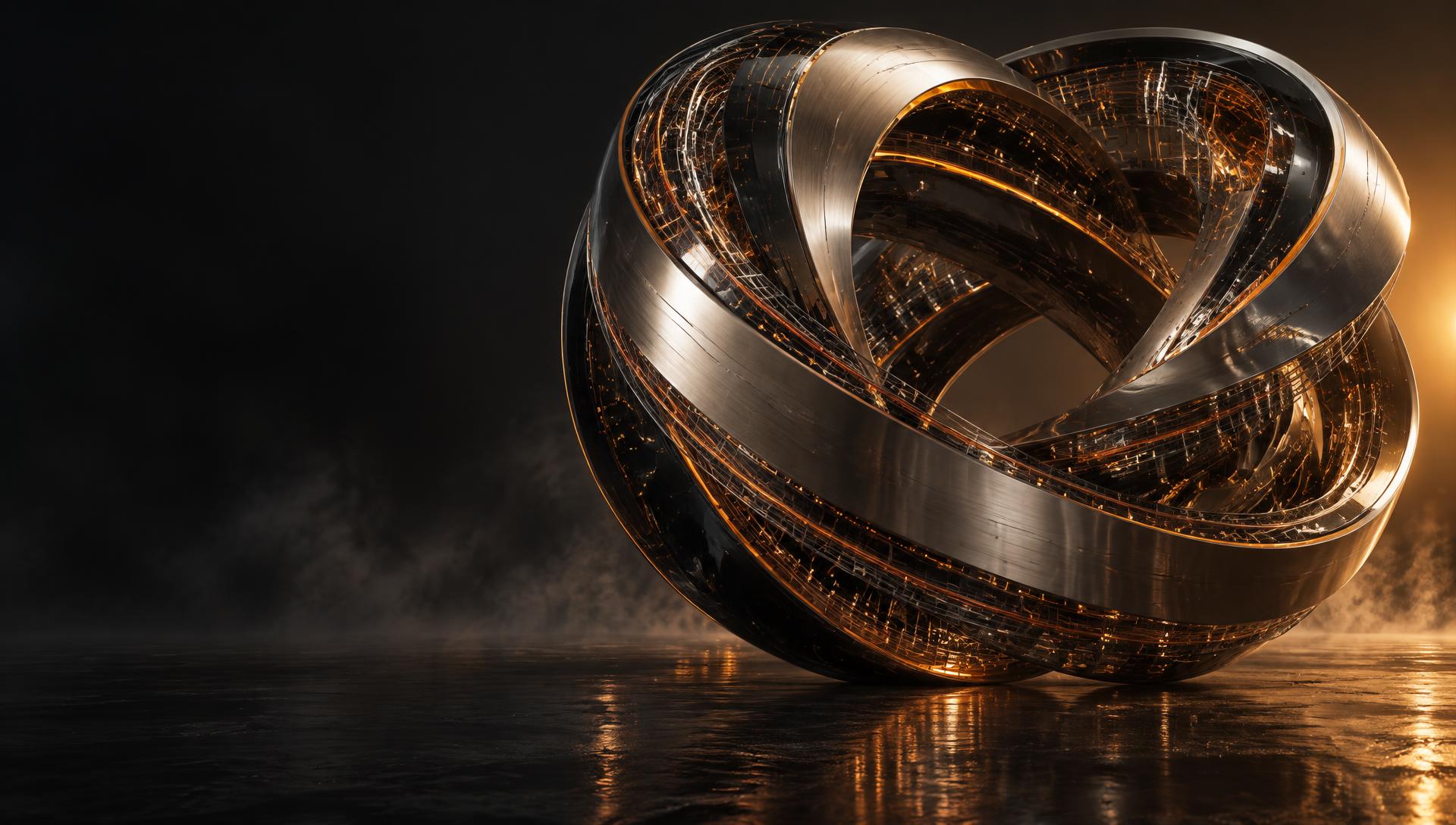 Interconnected titanium structures illuminated by flowing strands of digital intelligence
